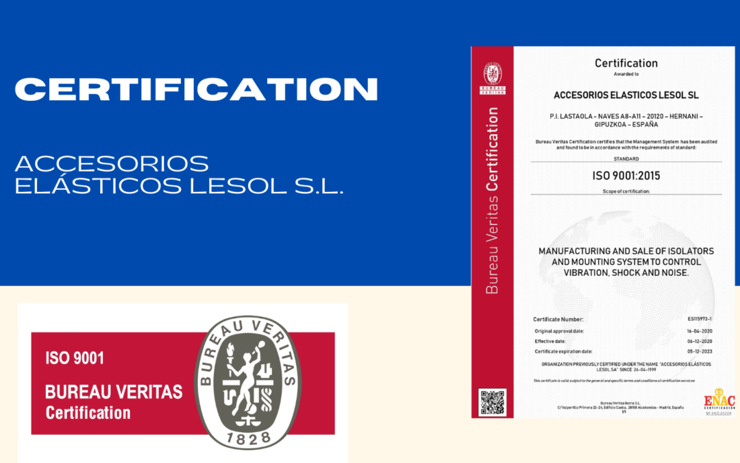 ACCESORIOS ELÁSTICOS LESOL S.L. est certifiée ISO 9001 depuis 1999.